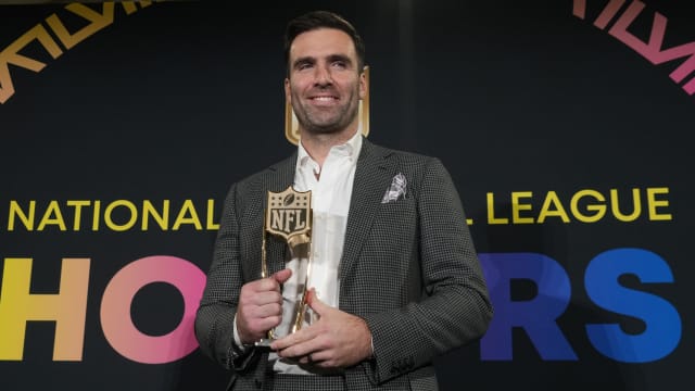 Feb 8, 2024; Las Vegas, NV, USA; Joe Flacco during the NFL Hall of Fame Class of 2024 press conference at Resorts World Theatre. Mandatory Credit: Kirby Lee-USA TODAY Sports